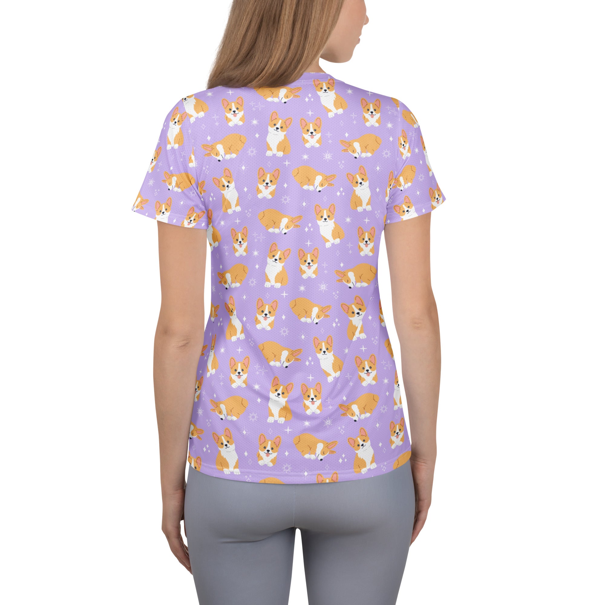 Women’s purple corgi dog performance athletic t-shirt with lavender color and moisture wicking fabric for workouts