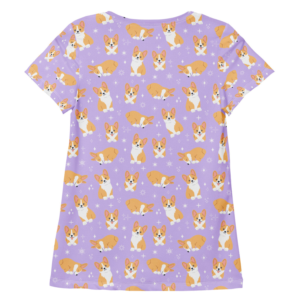 Women’s lavender short-sleeved corgi print performance t-shirt with moisture-wicking fabric and UPF 50 plus protection