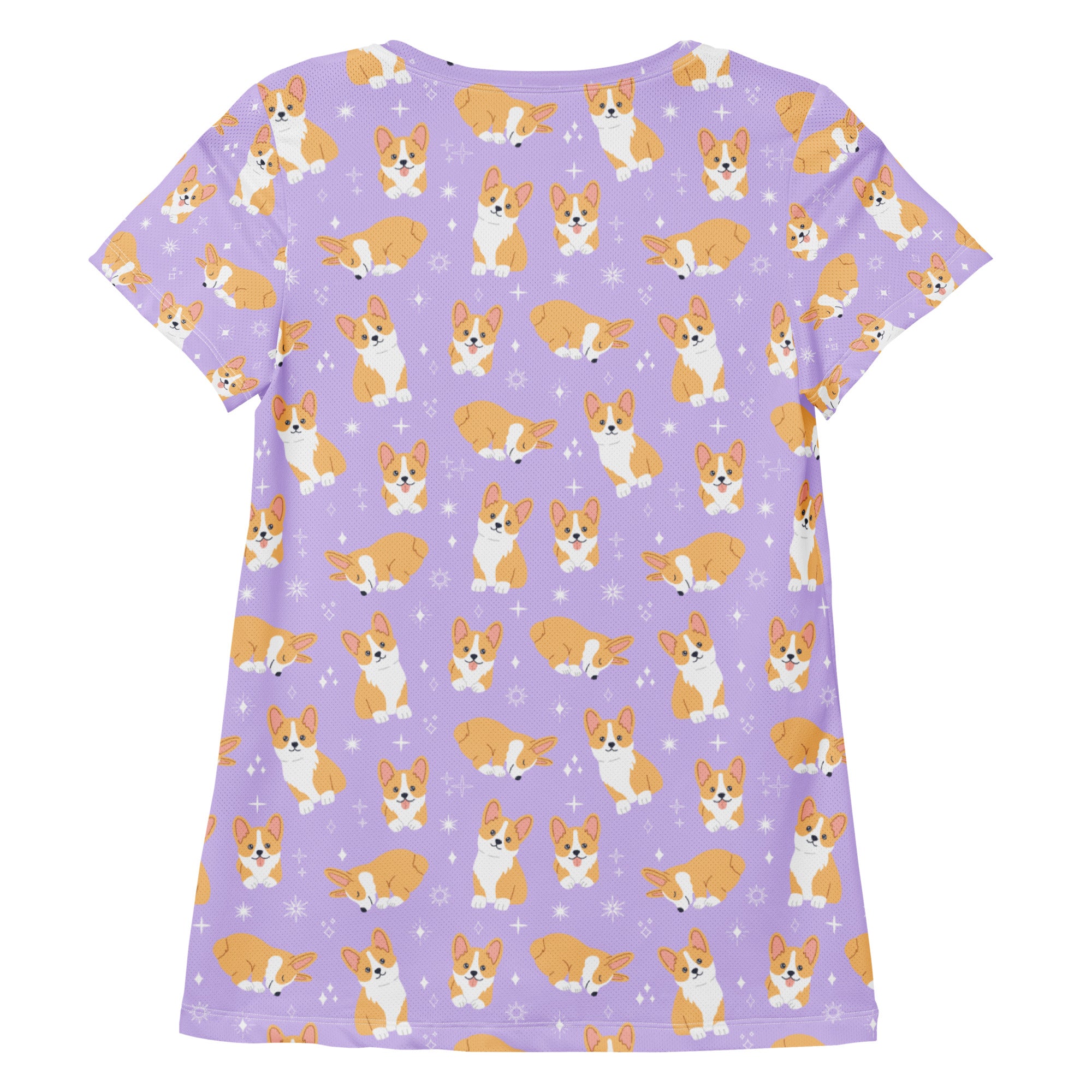 Women’s lavender short-sleeved corgi print performance t-shirt with moisture-wicking fabric and UPF 50 plus protection