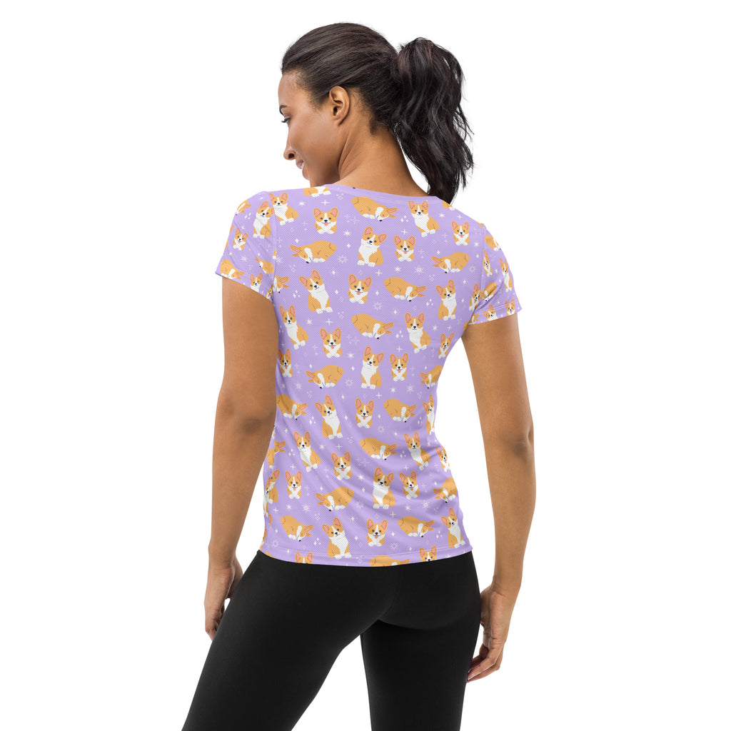Women’s lavender short-sleeved corgi dog performance athletic t-shirt with moisture wicking fabric and upf 50+ protection