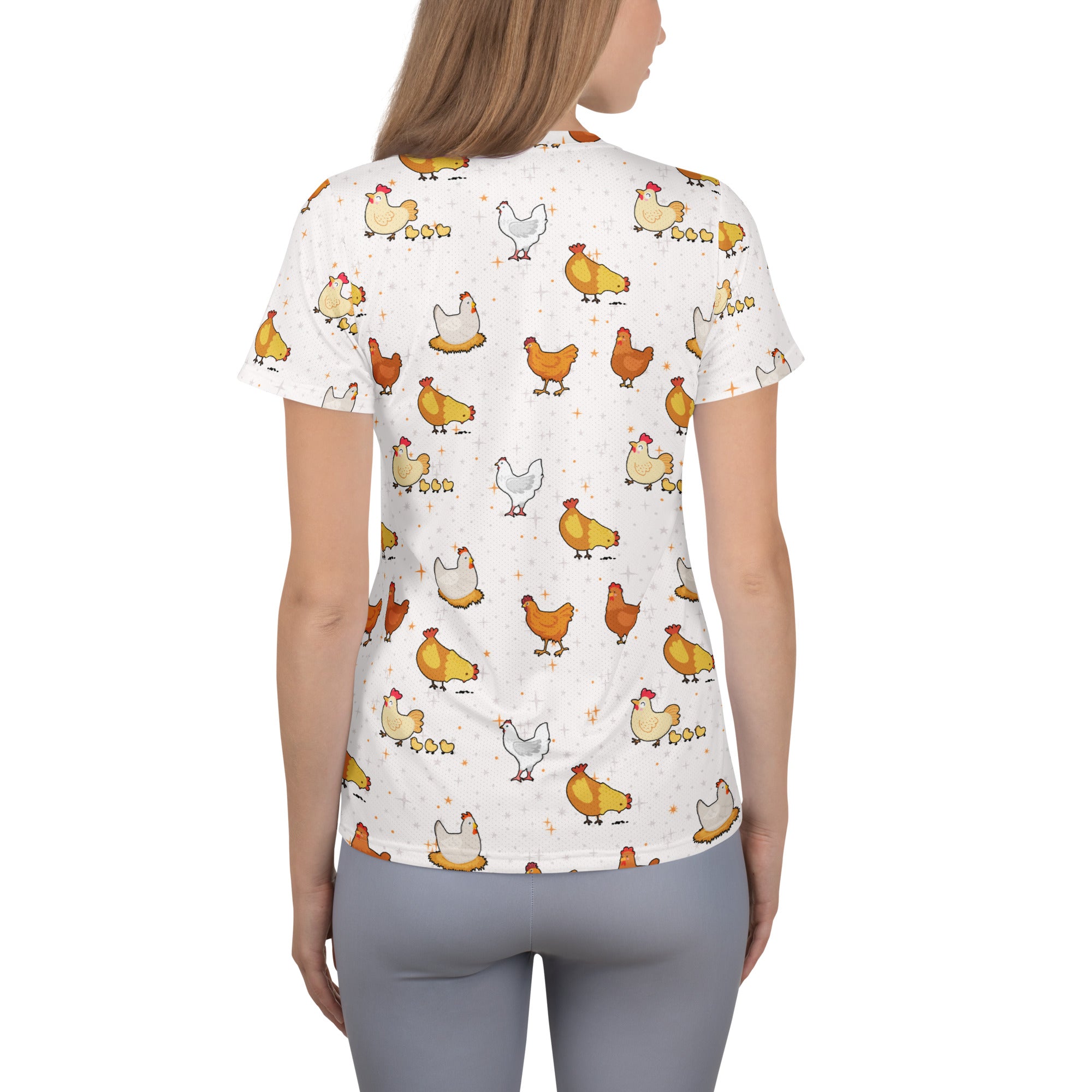 White women’s chicken performance athletic t-shirt with colorful cartoon pattern lightweight moisture wicking top