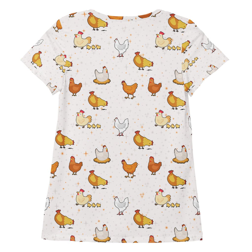 Women’s white short-sleeved chicken performance athletic t-shirt with colorful cartoon chickens and moisture wicking fabric