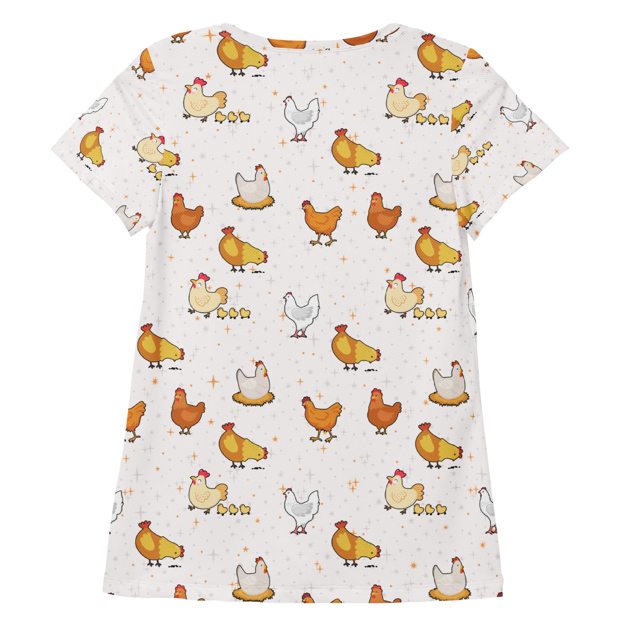 Women’s white short-sleeved chicken performance athletic t-shirt with colorful cartoon chickens and moisture wicking fabric