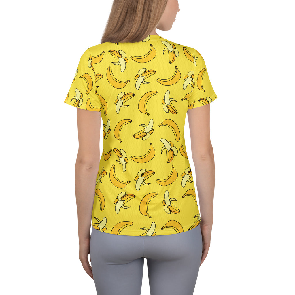 Women’s yellow banana print short-sleeve performance athletic t-shirt lightweight moisture wicking UPF 50+