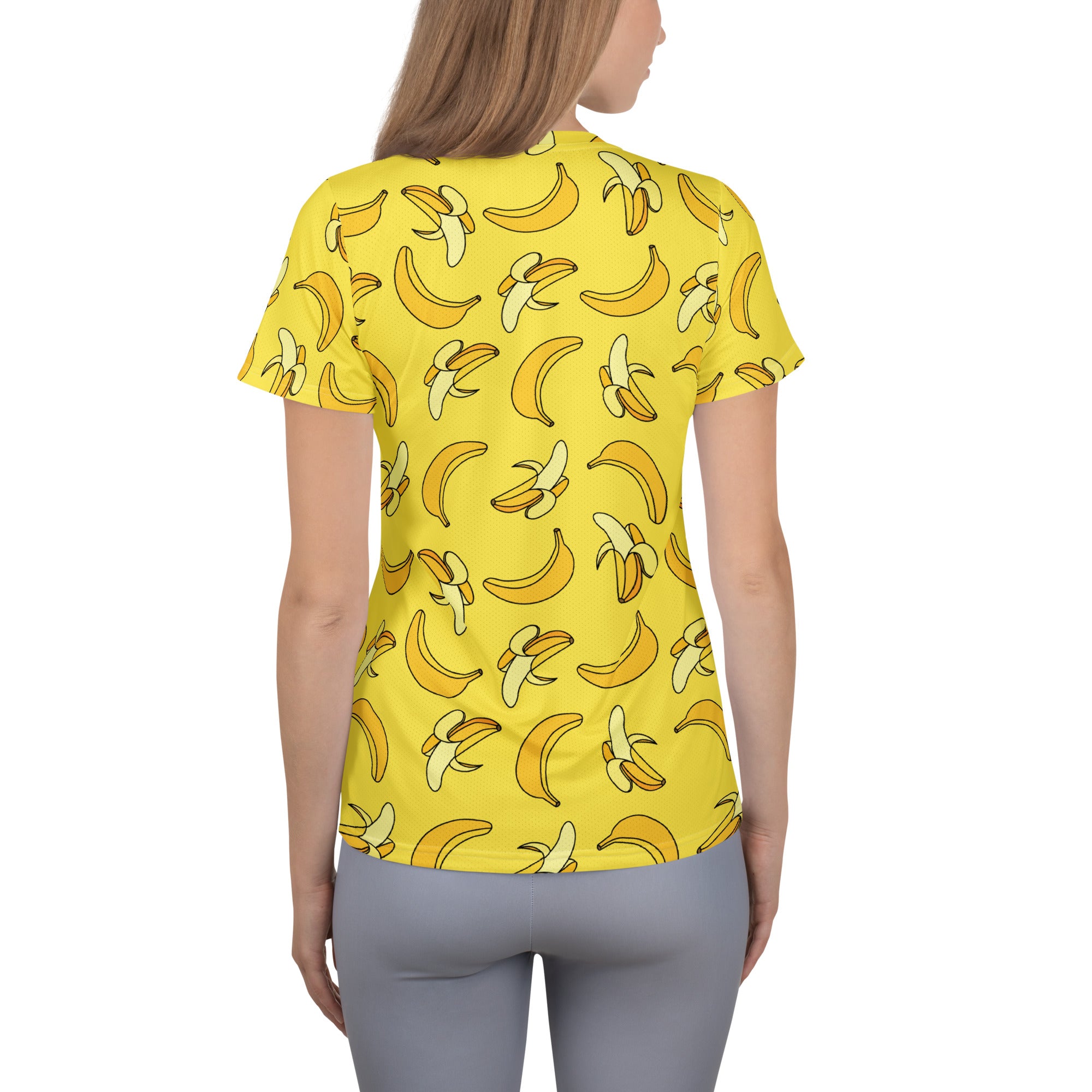 Women’s yellow banana print short-sleeve performance athletic t-shirt lightweight moisture wicking UPF 50+