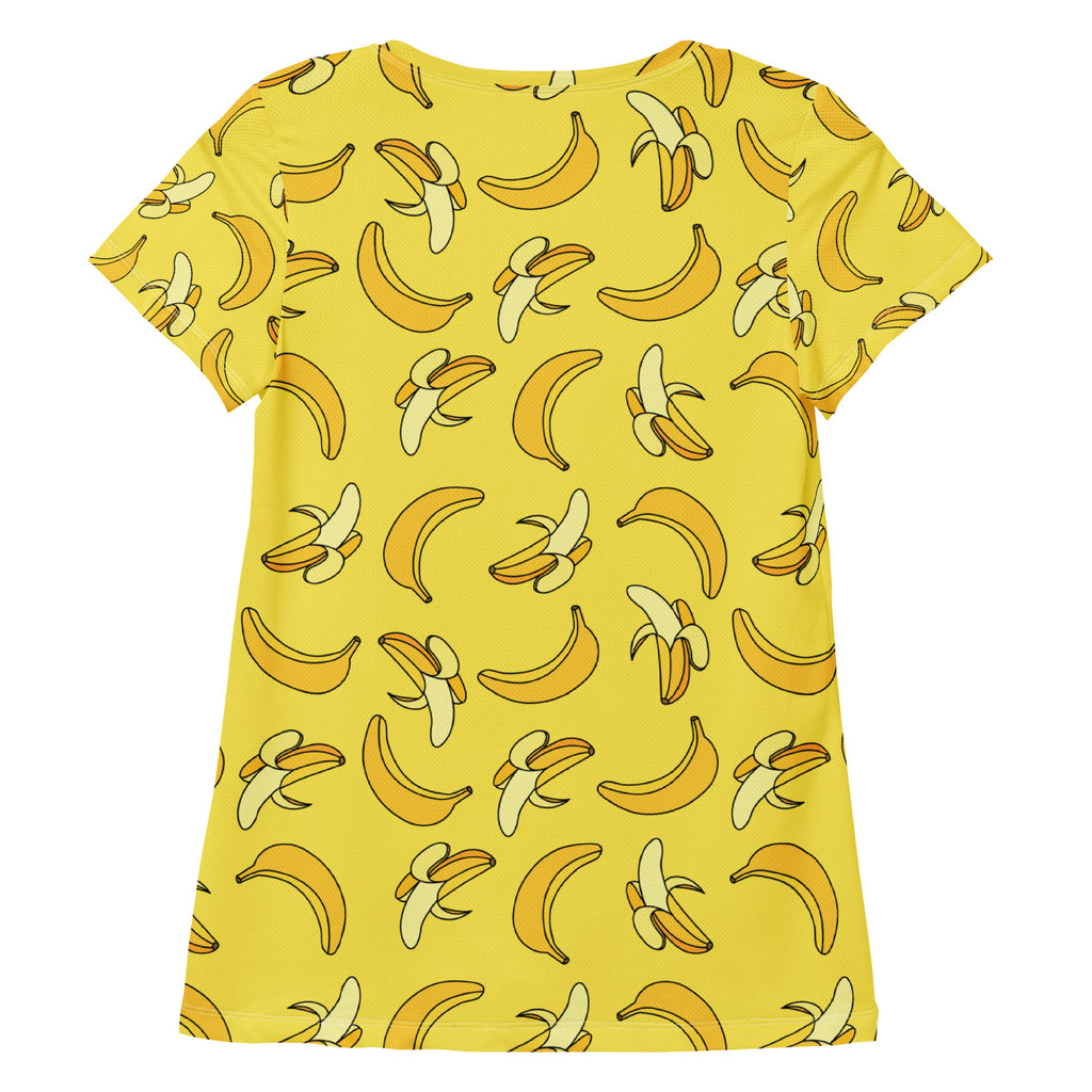 Women’s yellow banana print short-sleeved performance athletic t-shirt lightweight moisture wicking with UPF 50+
