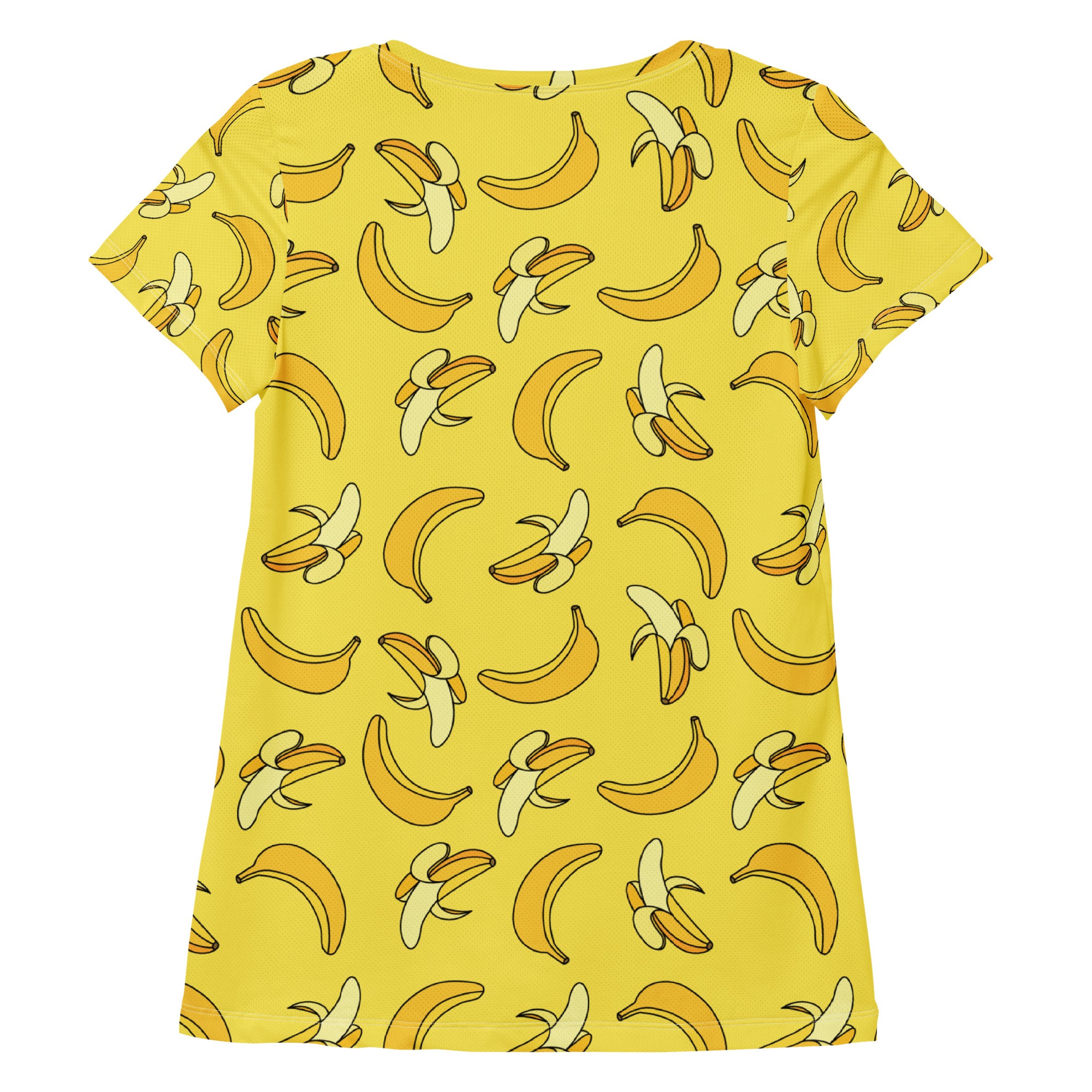 Women’s yellow banana print short-sleeved performance athletic t-shirt lightweight moisture wicking with UPF 50+