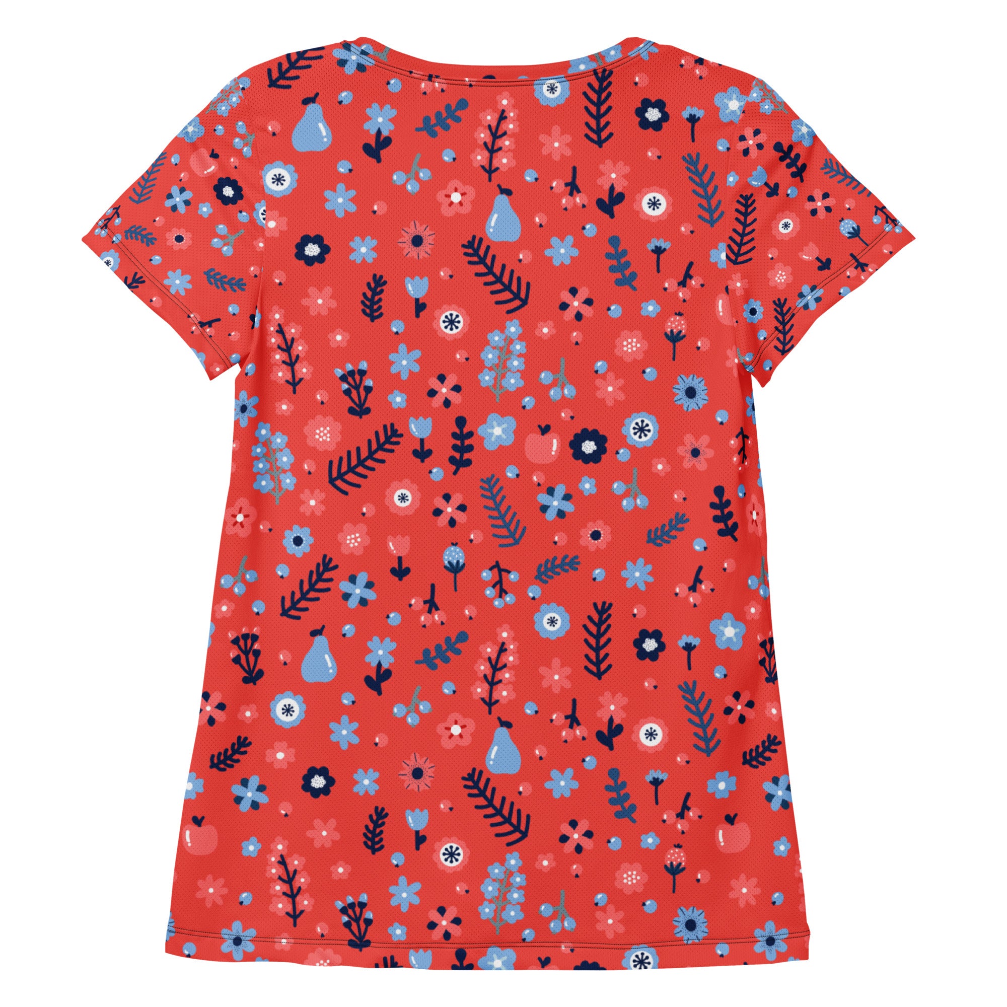 Women’s coral short-sleeved floral performance athletic t-shirt with moisture wicking fabric and UPF 50 plus protection