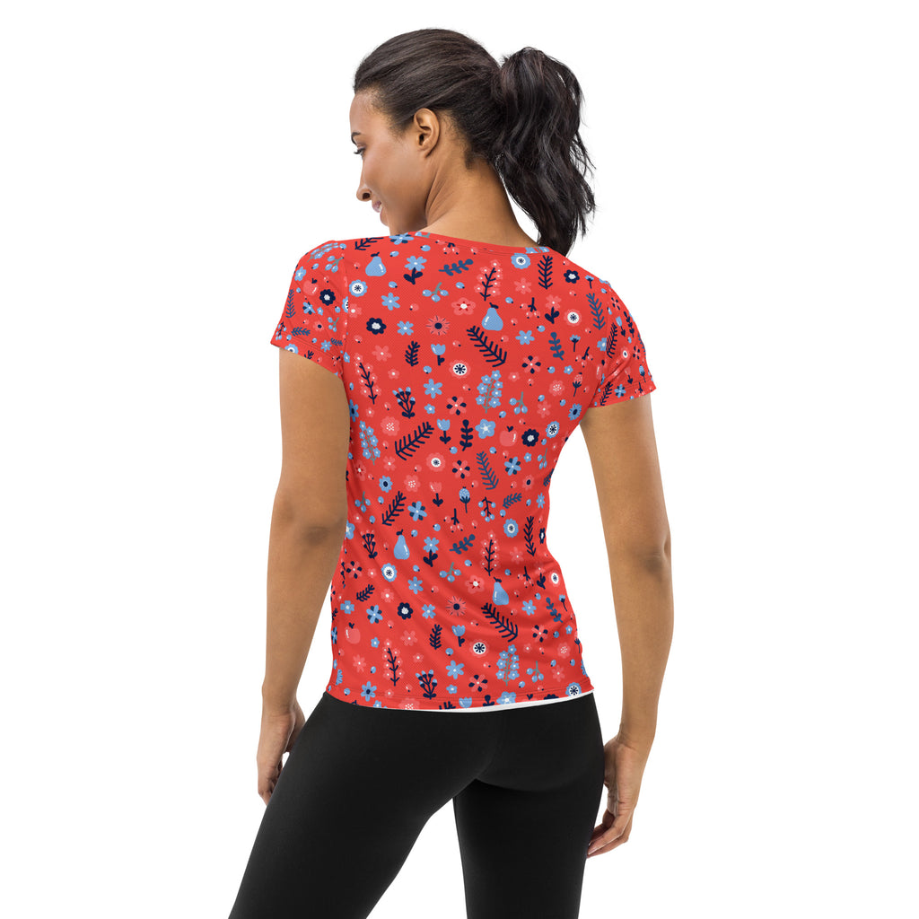 Women’s red floral performance athletic t-shirt with blue black and white pattern lightweight moisture wicking top with upf 50+