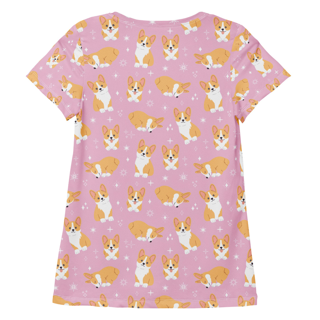 Women’s pink short-sleeved corgi dog performance athletic t-shirt with moisture wicking and UPF 50 plus protection