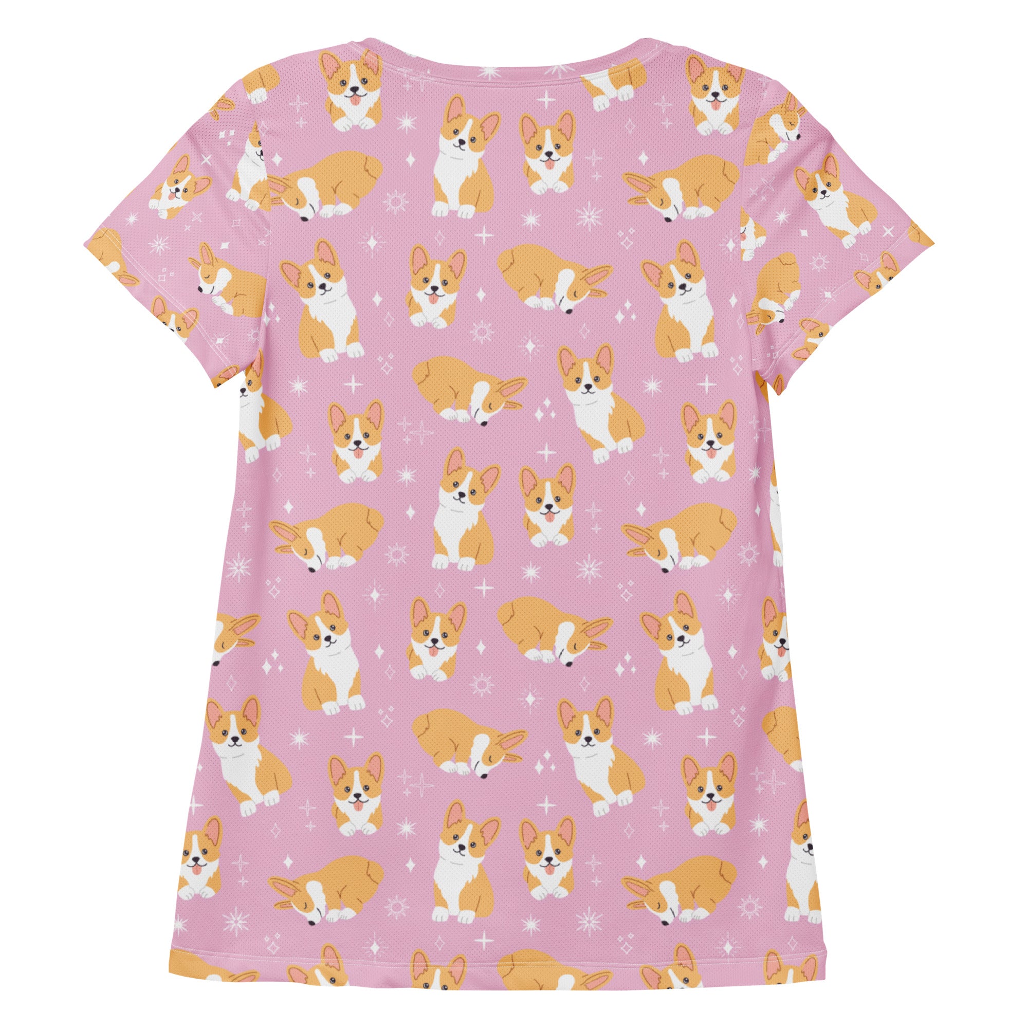 Women’s pink short-sleeved corgi dog performance athletic t-shirt with moisture wicking and UPF 50 plus protection