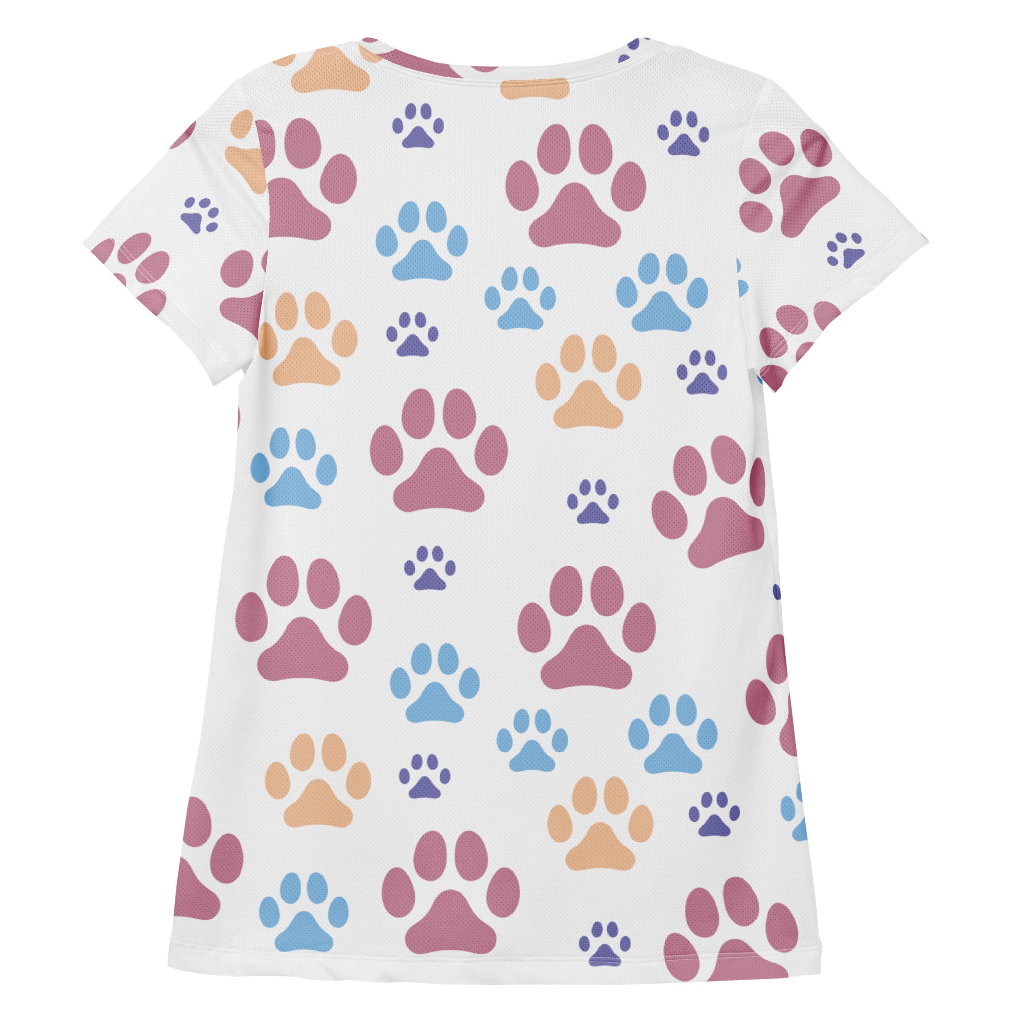 White women’s short-sleeved performance t-shirt with colorful paw print design, lightweight moisture wicking fabric, UPF 50+