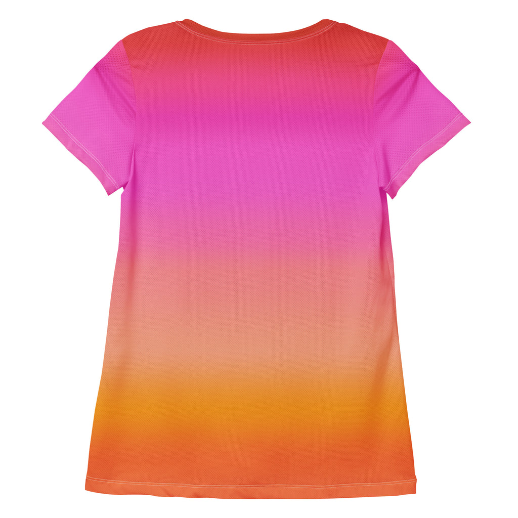 Women’s sunset ombre performance athletic t-shirt with bright pink to orange gradient in soft breathable moisture wicking fabric