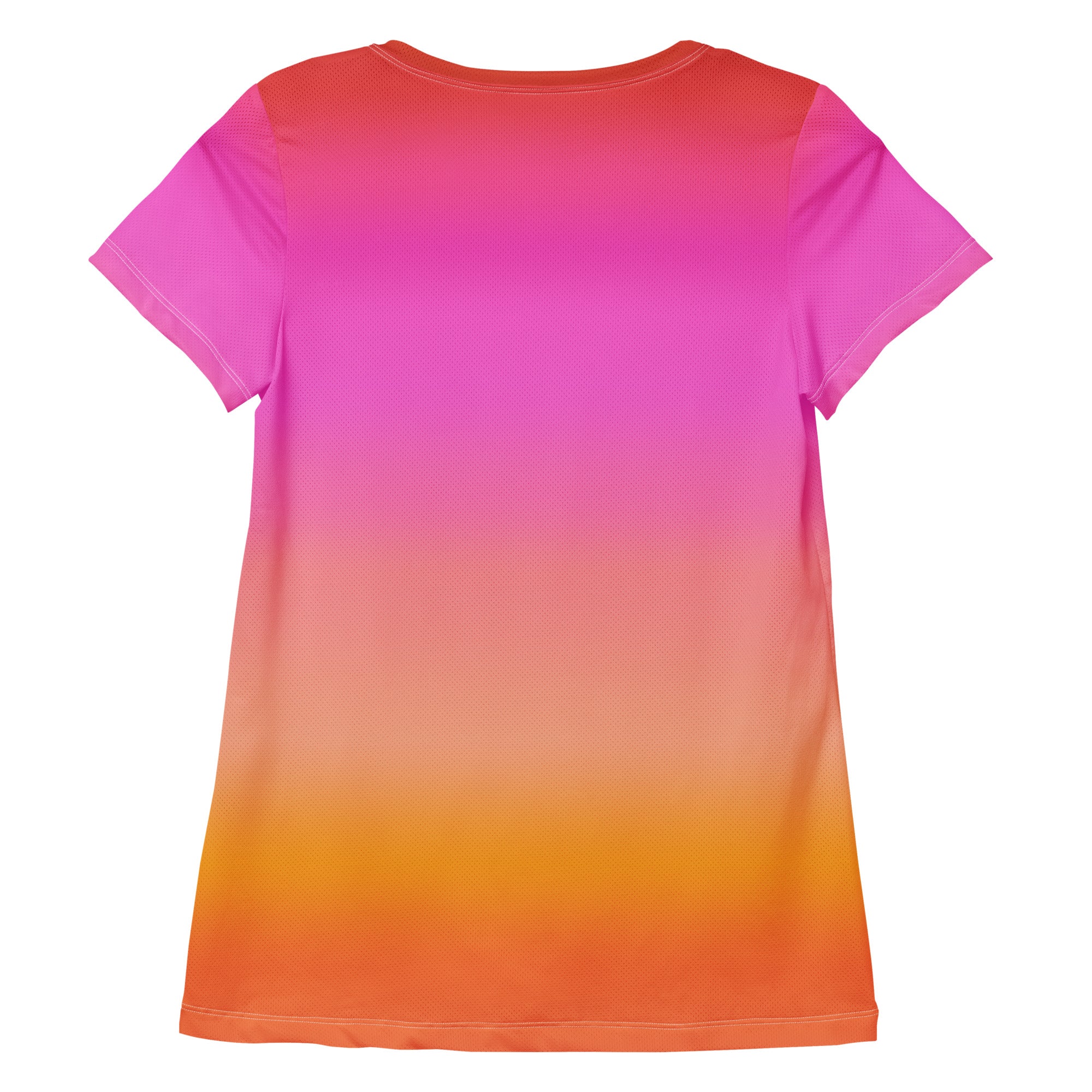 Women’s sunset ombre performance athletic t-shirt with bright pink to orange gradient in soft breathable moisture wicking fabric