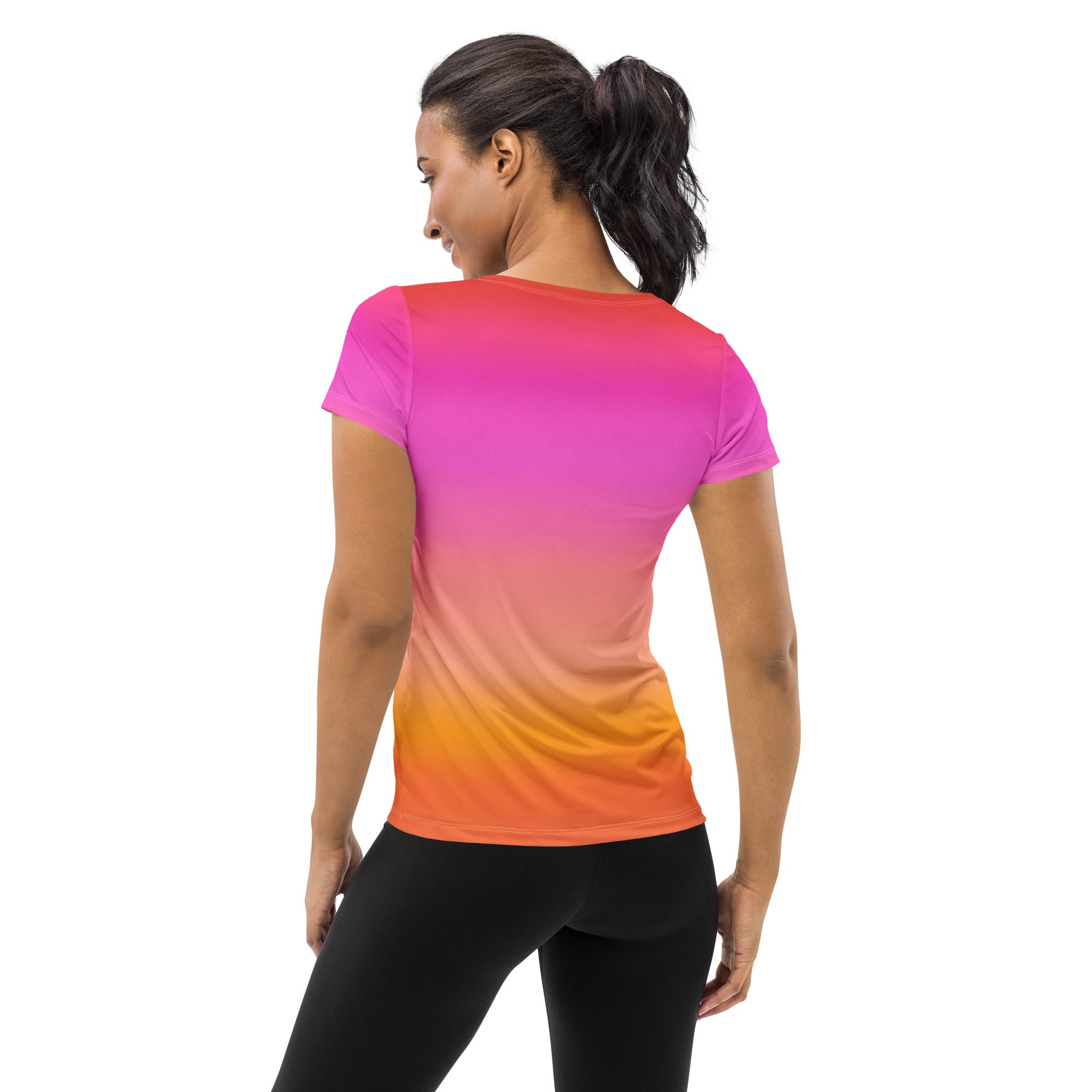 Women’s sunset ombre performance athletic t-shirt with magenta to orange gradient lightweight moisture wicking fabric