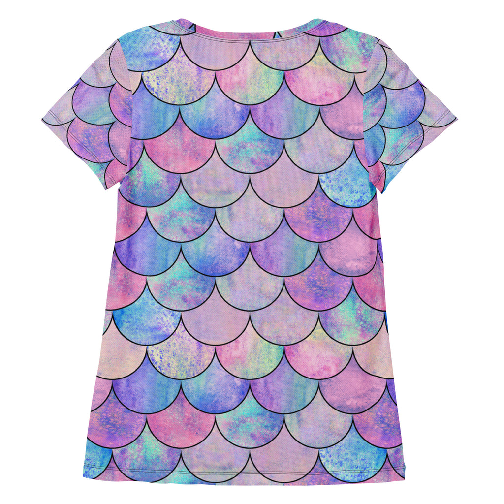 Women’s pastel mermaid performance athletic short-sleeved dress with iridescent scale pattern in pink purple and blue