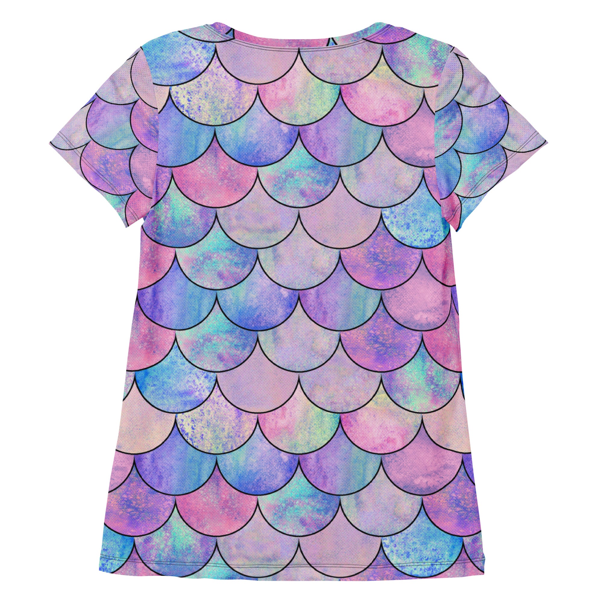 Women’s pastel mermaid performance athletic short-sleeved dress with iridescent scale pattern in pink purple and blue