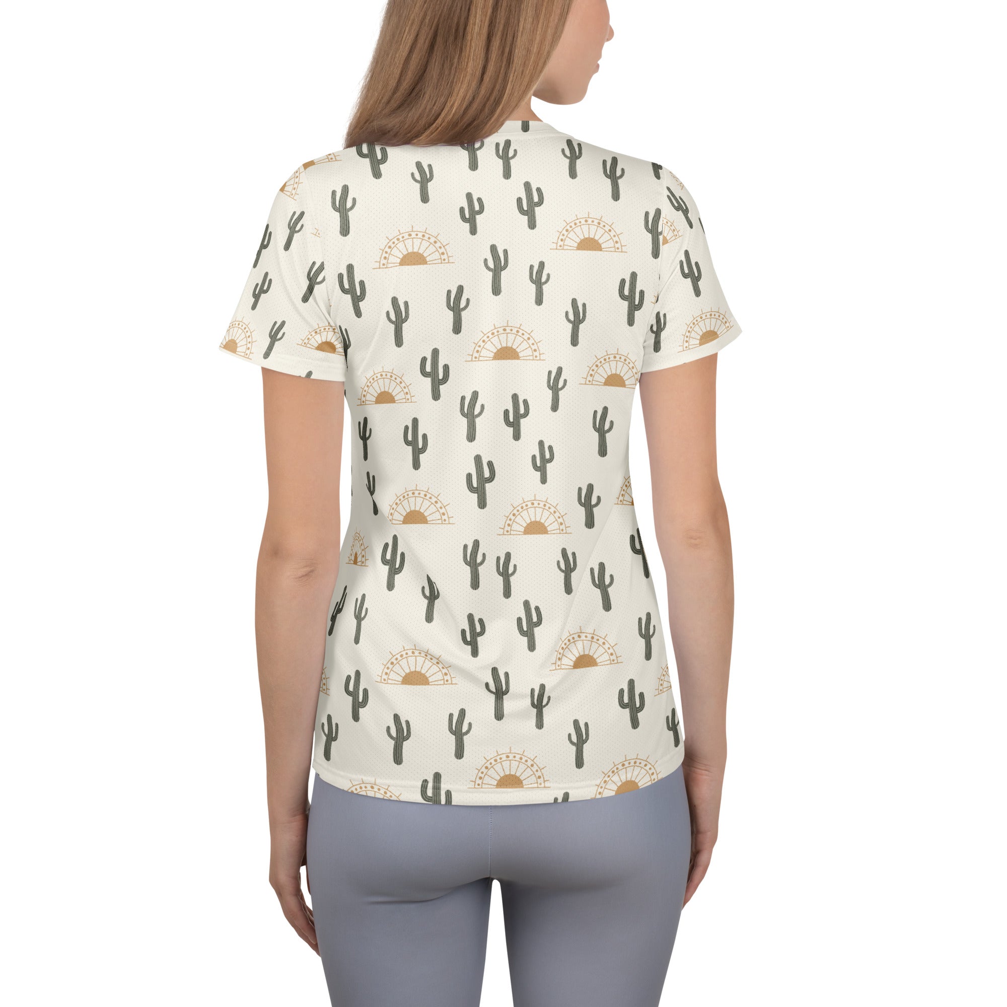 Women’s desert cactus sunrise performance athletic t-shirt in cream with cactus and sunburst print, lightweight and moisture wicking