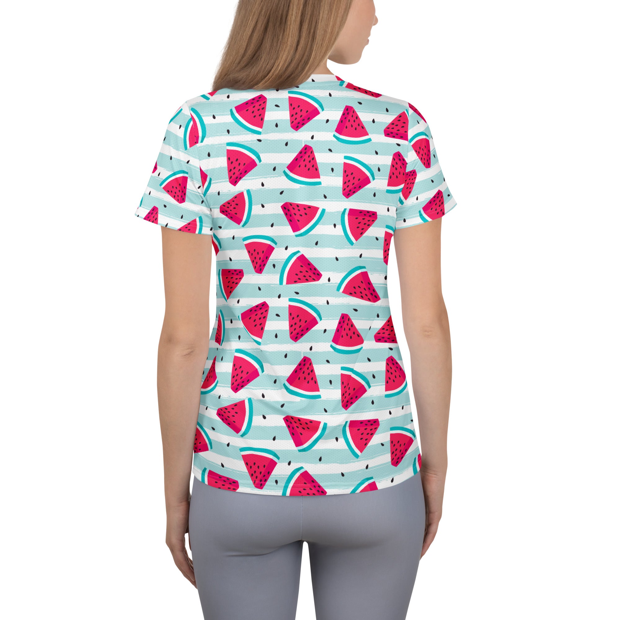 Women’s lightweight moisture wicking performance athletic t-shirt with pink watermelon slices on blue and white stripes