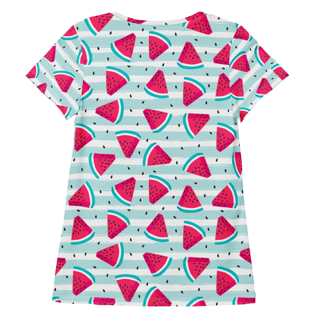 Women’s lightweight moisture wicking athletic t-shirt with pink watermelon pattern and light blue stripes for workouts with UPF 50+