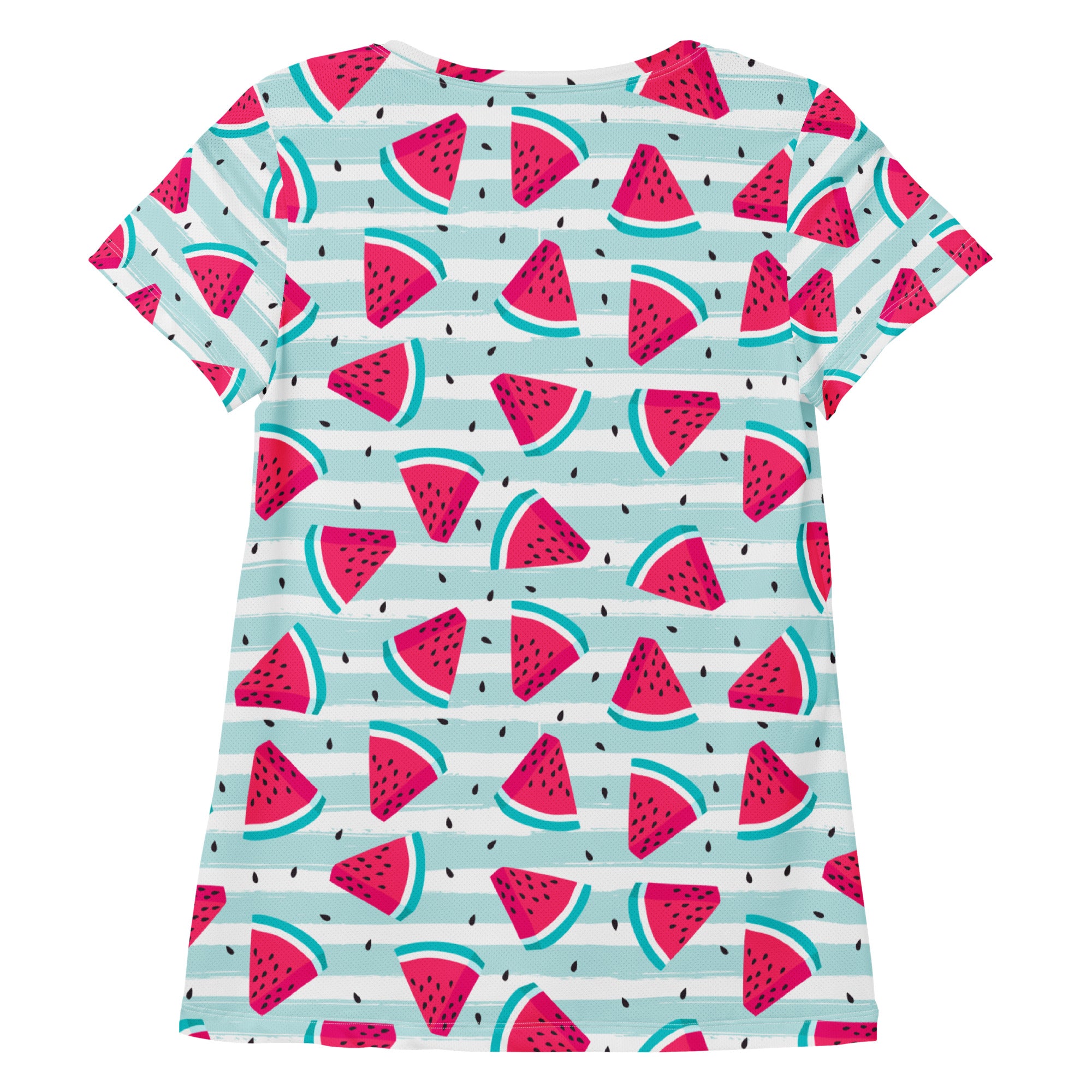 Women’s lightweight moisture wicking athletic t-shirt with pink watermelon pattern and light blue stripes for workouts with UPF 50+