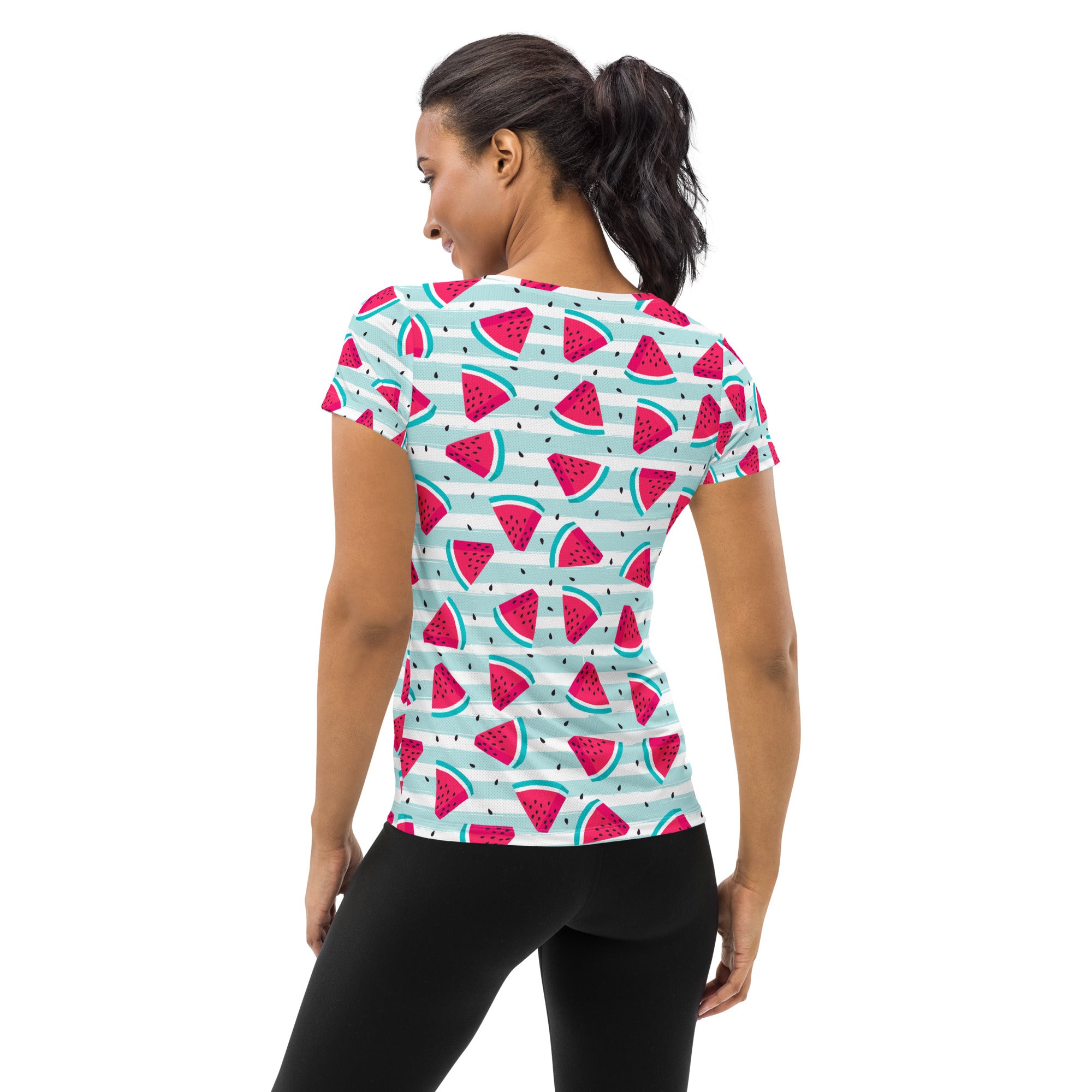 Women’s lightweight performance athletic t-shirt with pink watermelon pattern on blue and white stripes, moisture wicking and upf 50+