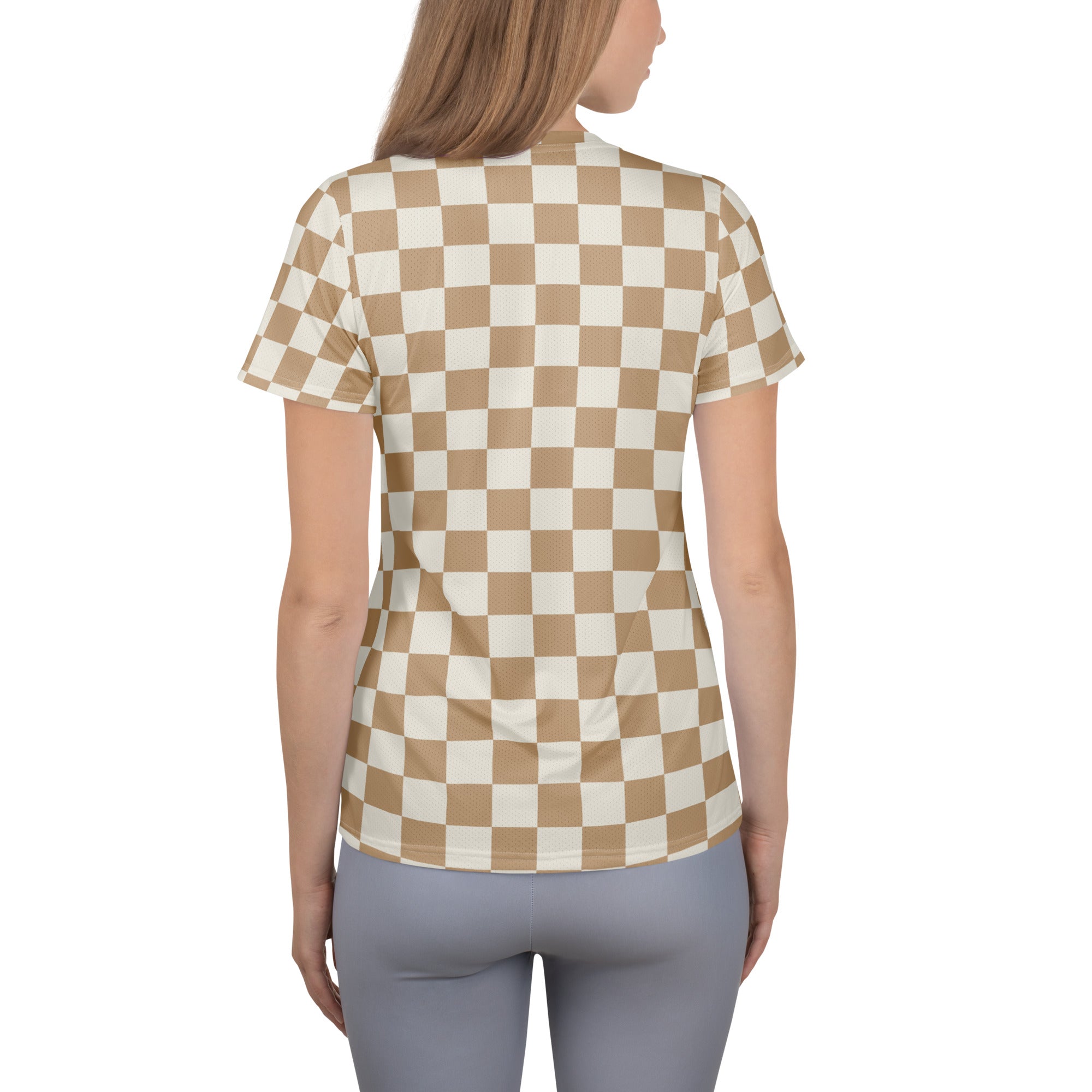 Women’s beige checkered short-sleeved t-shirt with moisture-wicking fabric and upf 50 plus for athletic performance