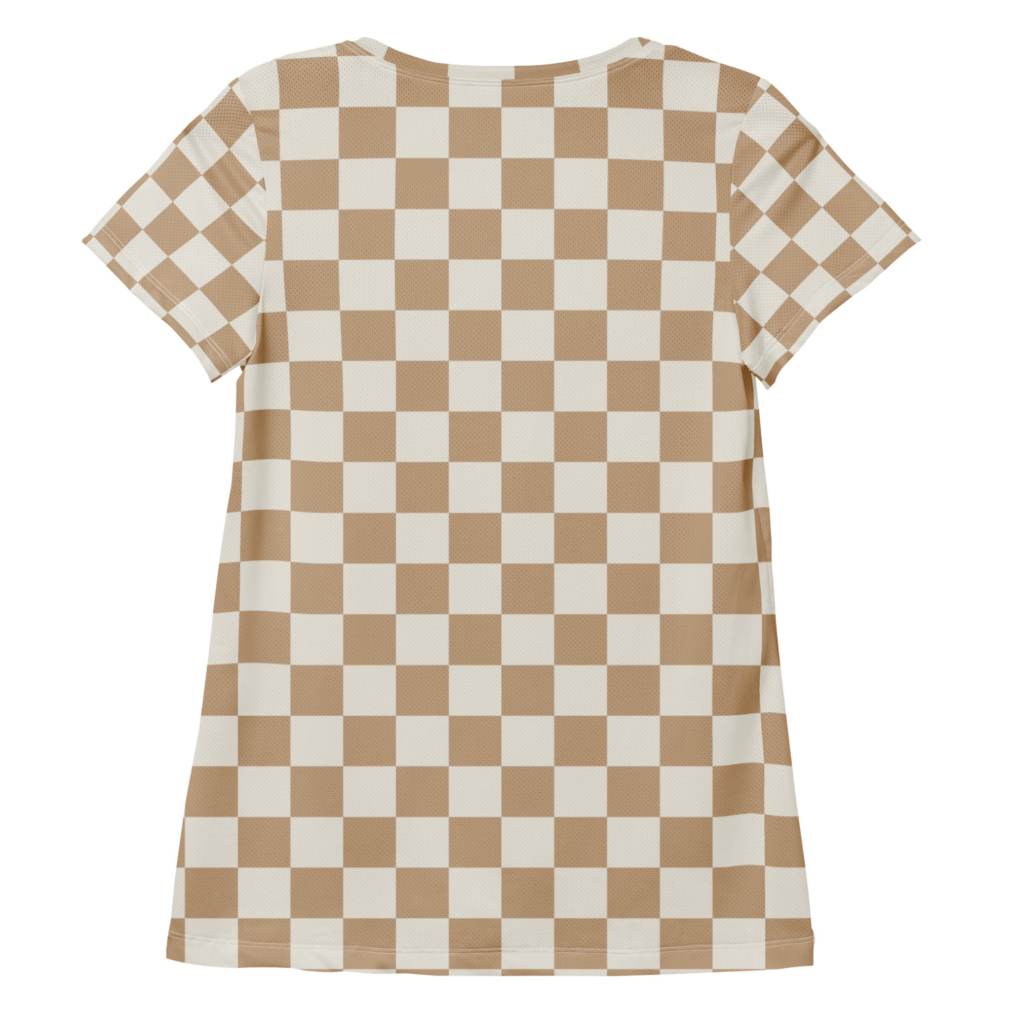 A short-sleeved beige and cream checkered dress designed as a lightweight moisture wicking athletic top with UPF 50+