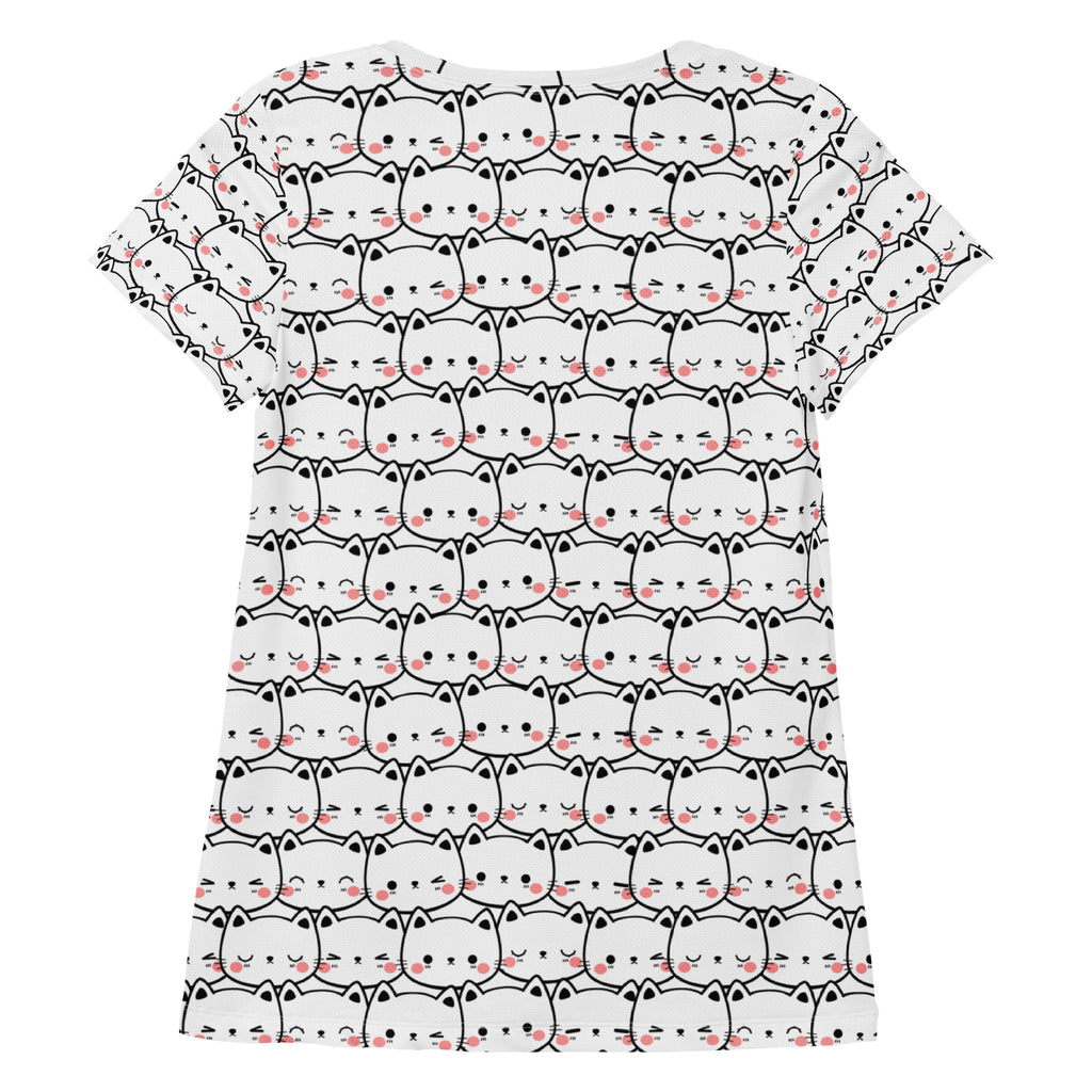 White short-sleeved women’s athletic t-shirt with black outlined cartoon cats and pink blush cheeks, lightweight and moisture wicking with upf 50+