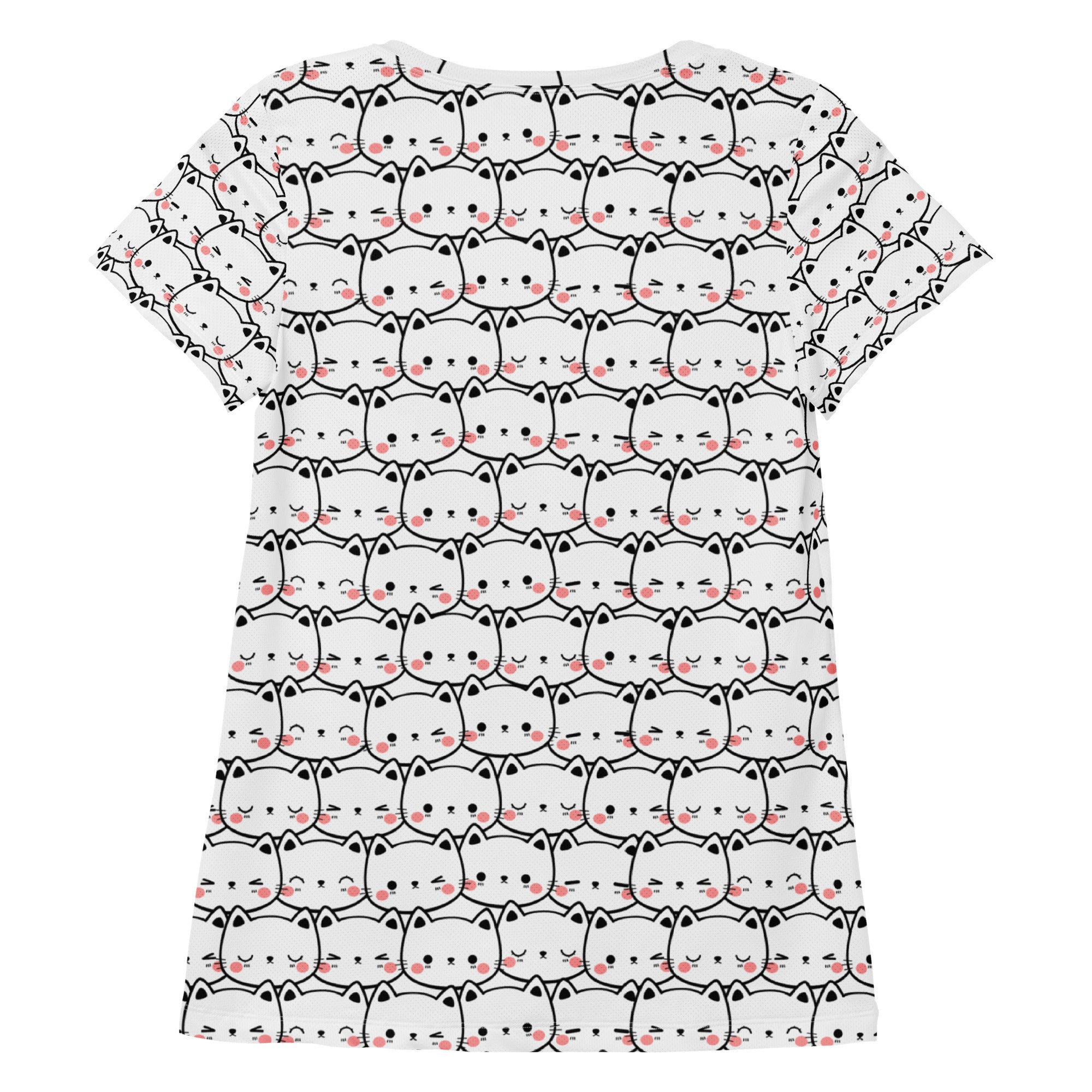 White short-sleeved women’s athletic t-shirt with black outlined cartoon cats and pink blush cheeks, lightweight and moisture wicking with upf 50+