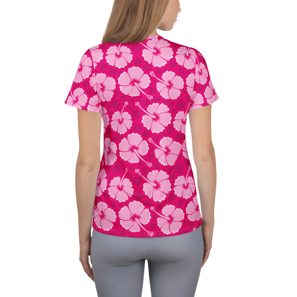 Vibrant pink women’s hibiscus short-sleeved performance t-shirt with moisture wicking fabric and upf 50 plus protection