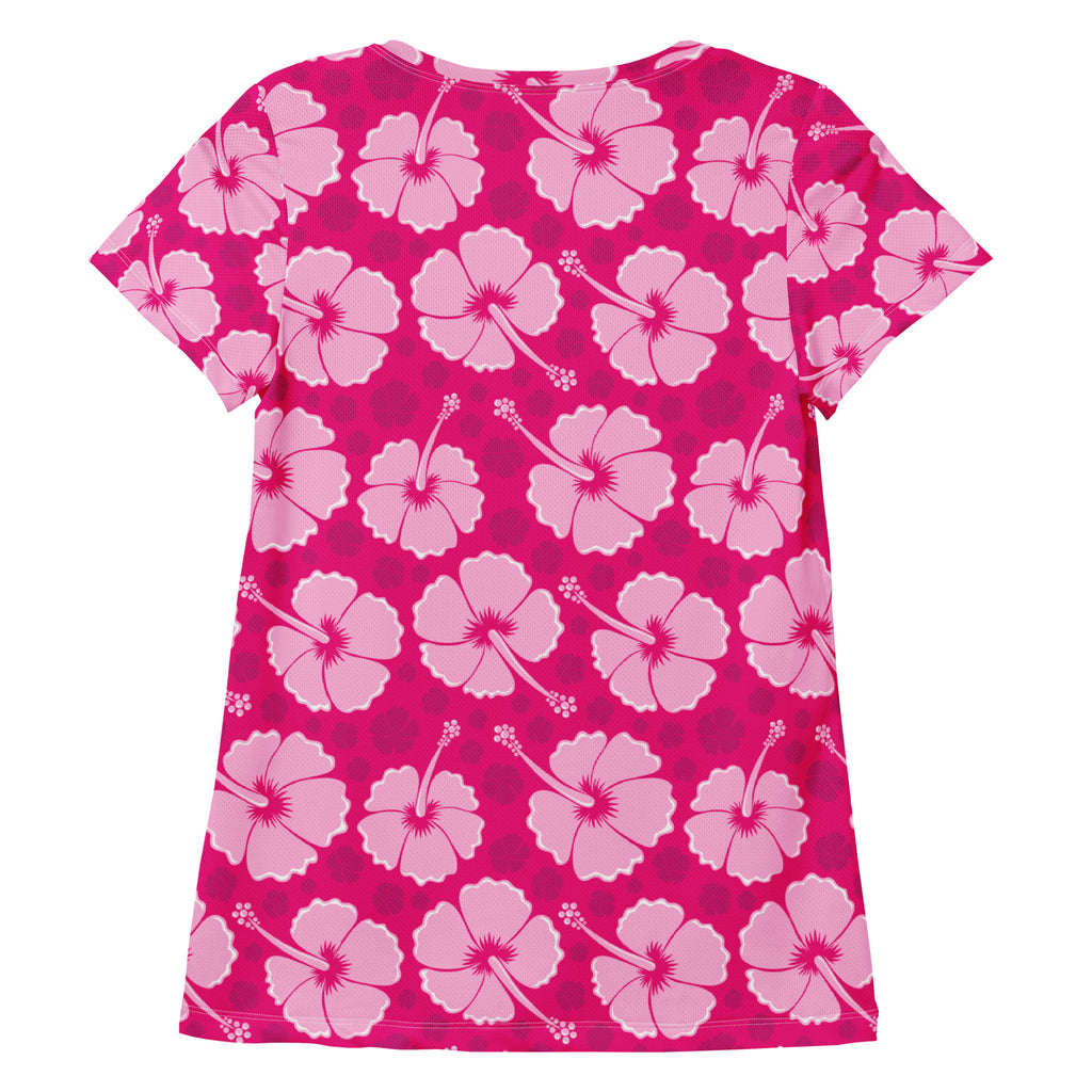 Women’s pink hibiscus performance athletic t-shirt with bold floral pattern lightweight moisture wicking workout top