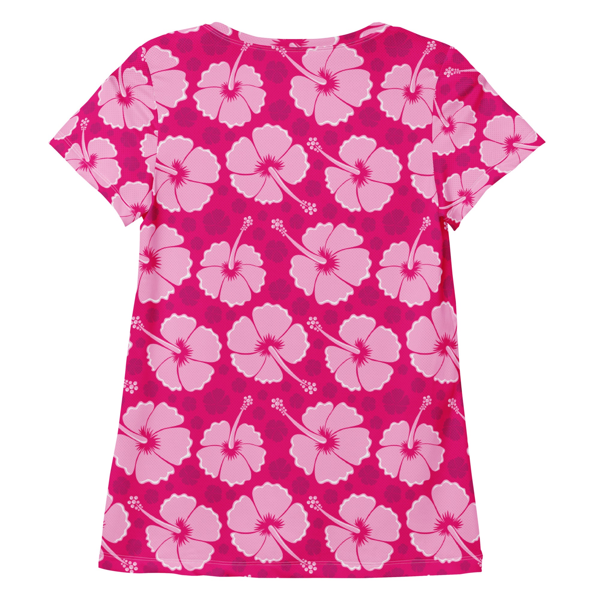 Women’s pink hibiscus performance athletic t-shirt with bold floral pattern lightweight moisture wicking workout top