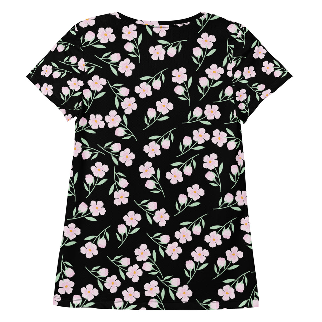 Women’s black floral performance athletic t-shirt with pink flowers lightweight moisture wicking workout top upf 50+