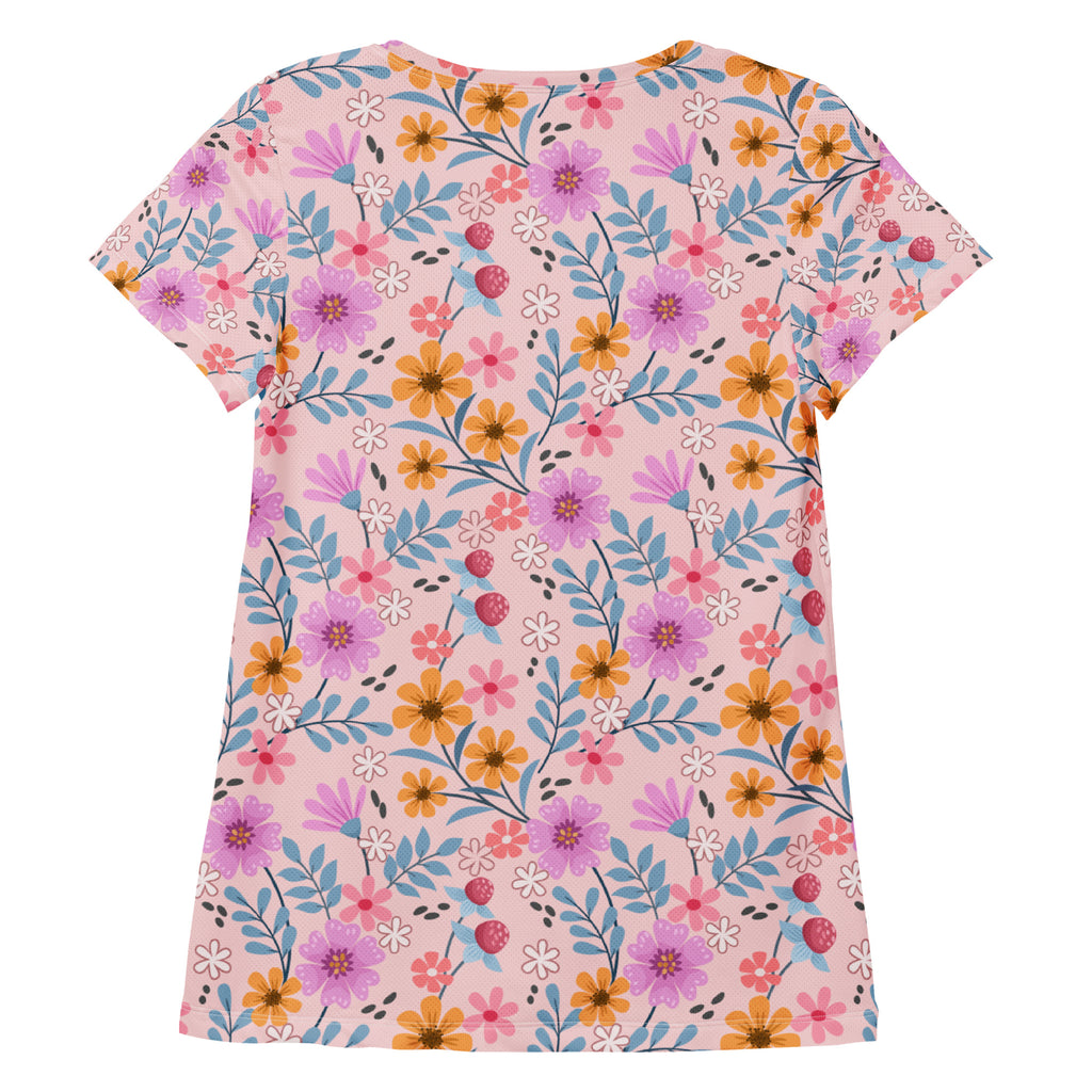 Women’s pink floral performance athletic t-shirt with vibrant blossoms lightweight moisture wicking workout top upf 50+