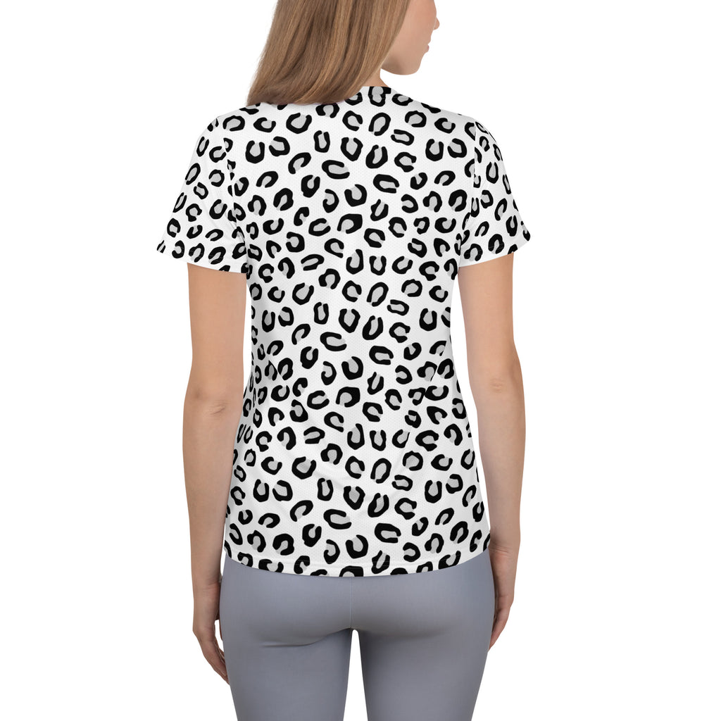 White short-sleeved women’s athletic t-shirt with bold black leopard print lightweight moisture wicking upf 50+