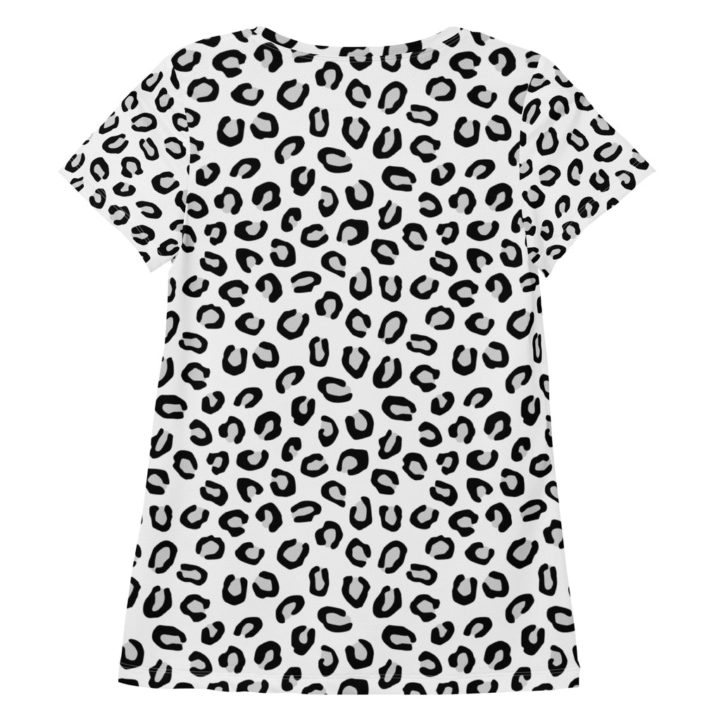 White short-sleeved performance athletic t-shirt with bold black leopard print lightweight moisture wicking upf 50+