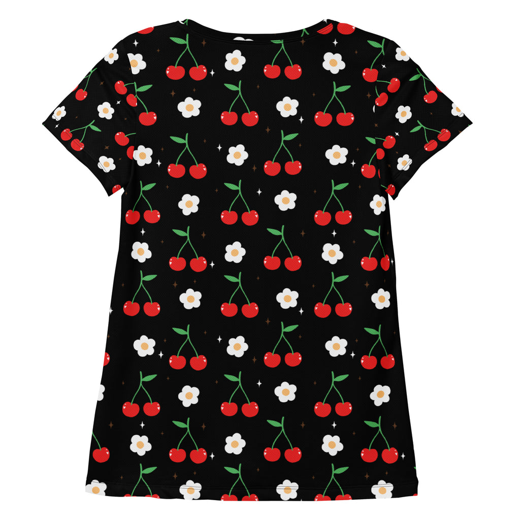 Women’s black short-sleeved cherry and daisy performance athletic t-shirt with moisture wicking fabric and UPF 50+ protection