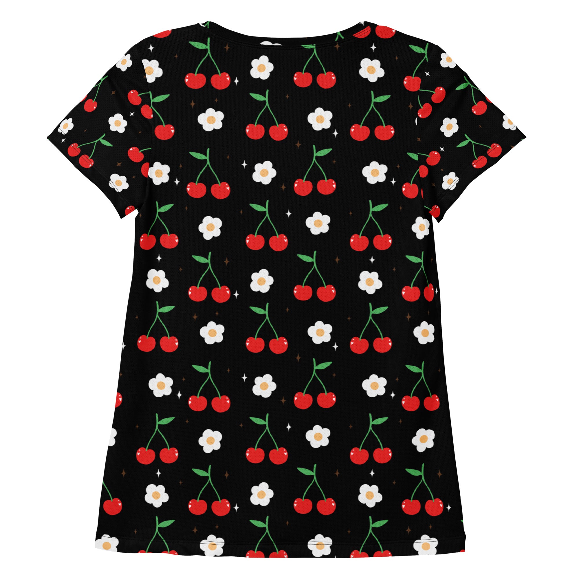 Women’s black short-sleeved cherry and daisy performance athletic t-shirt with moisture wicking fabric and UPF 50+ protection
