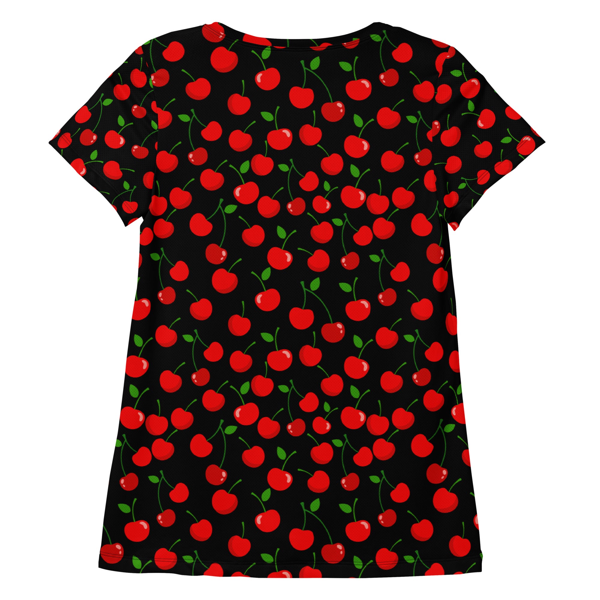 Black women’s bold cherry performance athletic t-shirt with vibrant red cherry print, lightweight moisture wicking fabric, UPF 50+