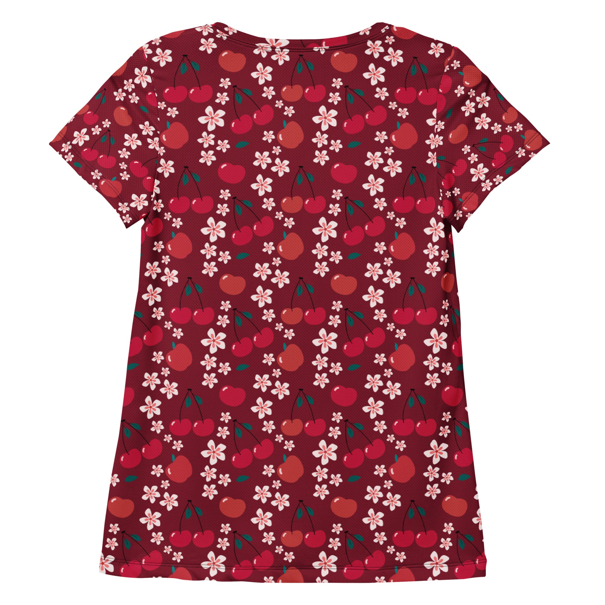 A maroon women’s cherry blossom athletic t-shirt with red cherries, pink blossoms, lightweight moisture wicking fabric and UPF 50+
