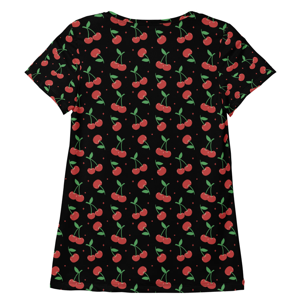 Black short-sleeved cherry print performance athletic t-shirt with moisture wicking fabric and upf 50+ for workouts