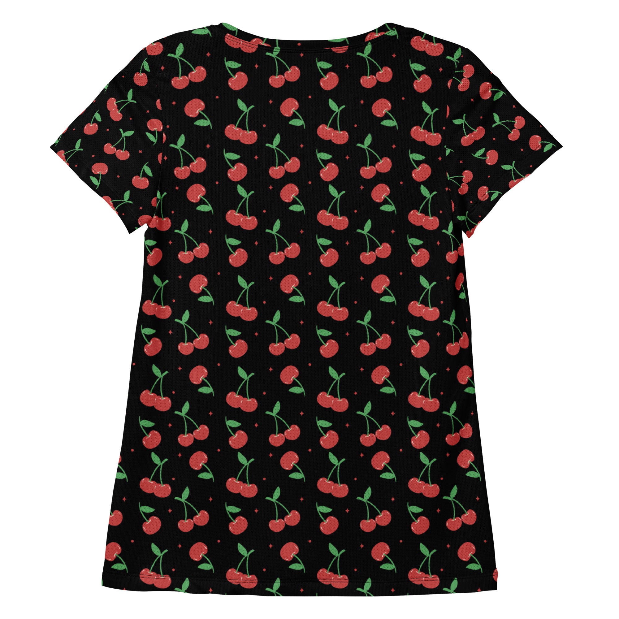 Black short-sleeved cherry print performance athletic t-shirt with moisture wicking fabric and upf 50+ for workouts
