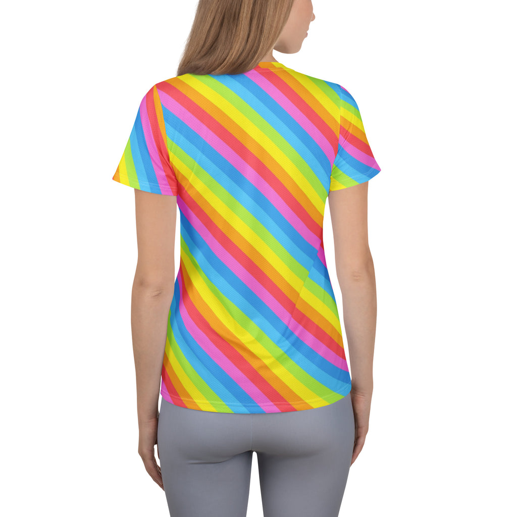 A vibrant rainbow stripe performance athletic t-shirt with diagonal pink yellow blue and green stripes for women