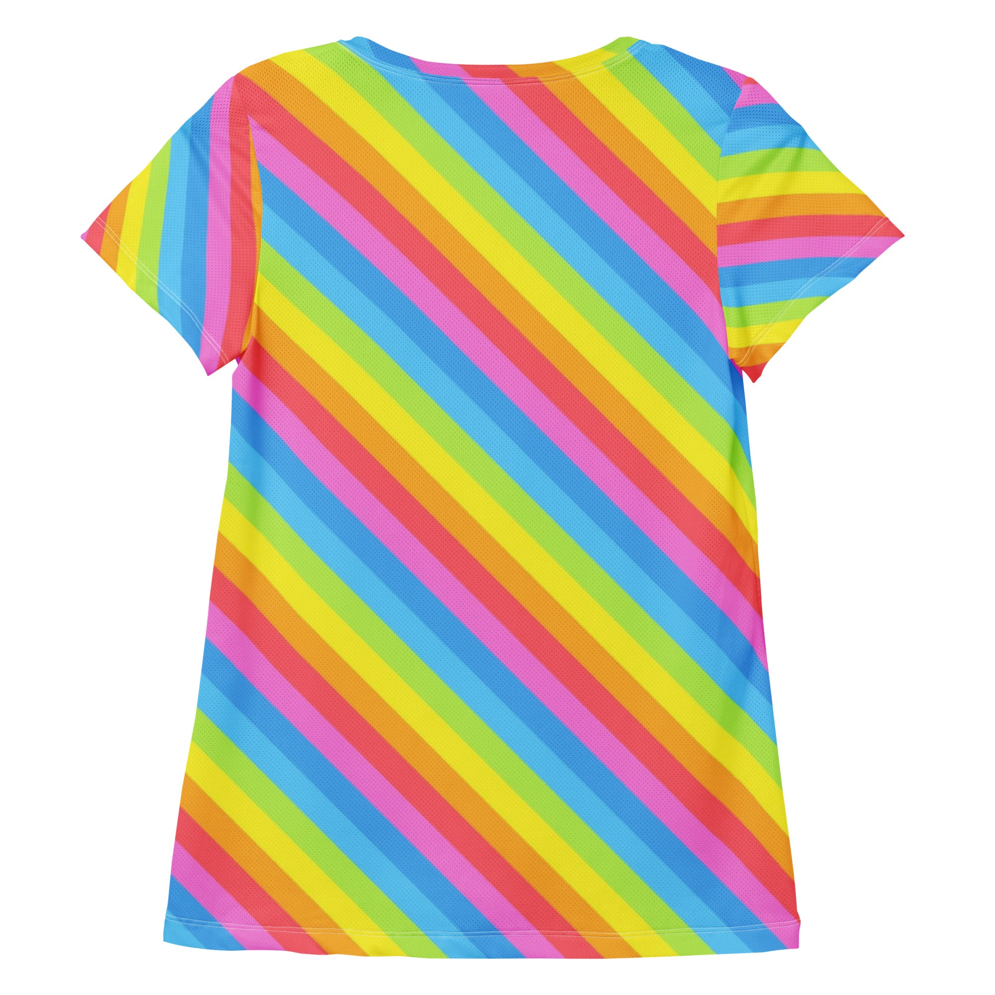 Women’s rainbow stripe performance athletic t-shirt with bright diagonal stripes, lightweight moisture wicking fabric and UPF 50+ protection