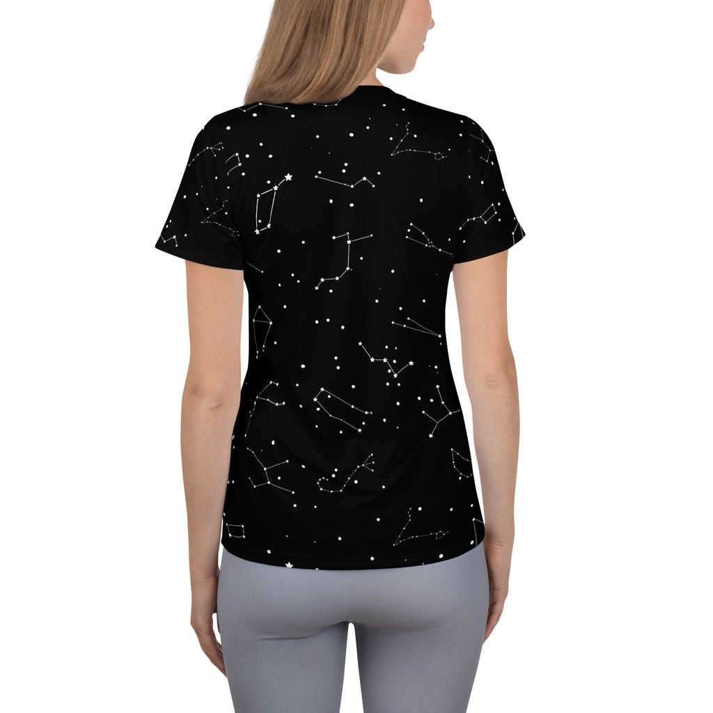 Black women’s short sleeved performance athletic t shirt with white realistic constellation print lightweight moisture wicking