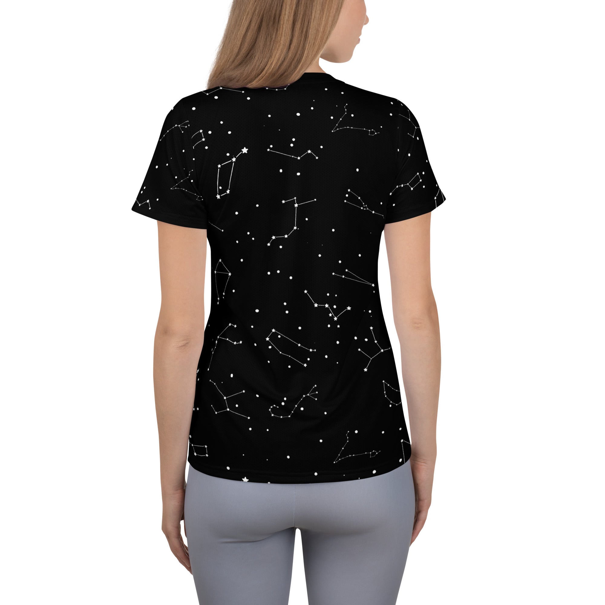 Black women’s short sleeved performance athletic t shirt with white realistic constellation print lightweight moisture wicking