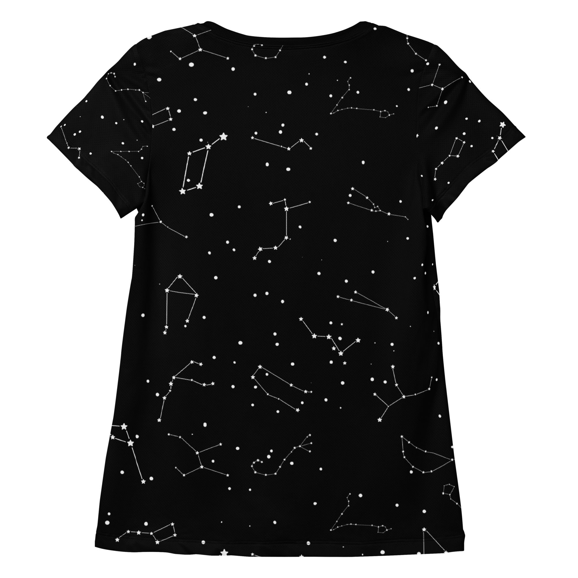 Women’s black short-sleeved constellation print t-shirt with white stars lightweight moisture wicking upf 50+ workout top