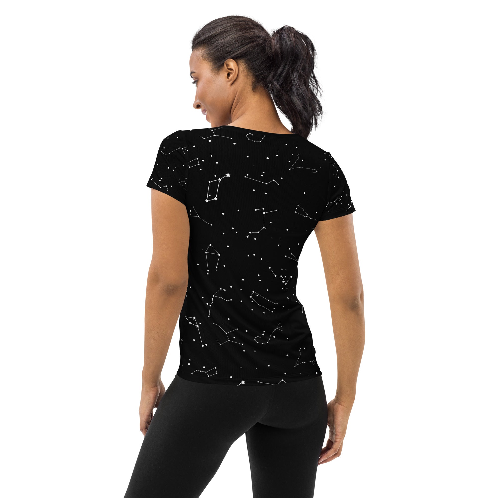 Black women’s short-sleeved constellation t-shirt with moisture wicking fabric for athletic performance and UPF 50+ protection