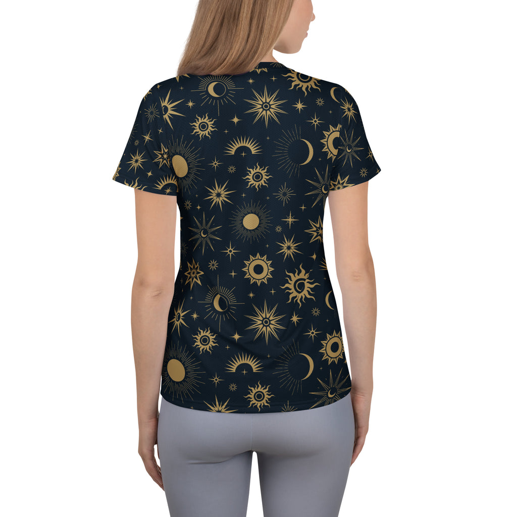 Women’s navy blue short-sleeved performance t-shirt with gold celestial sun moon star pattern lightweight moisture wicking
